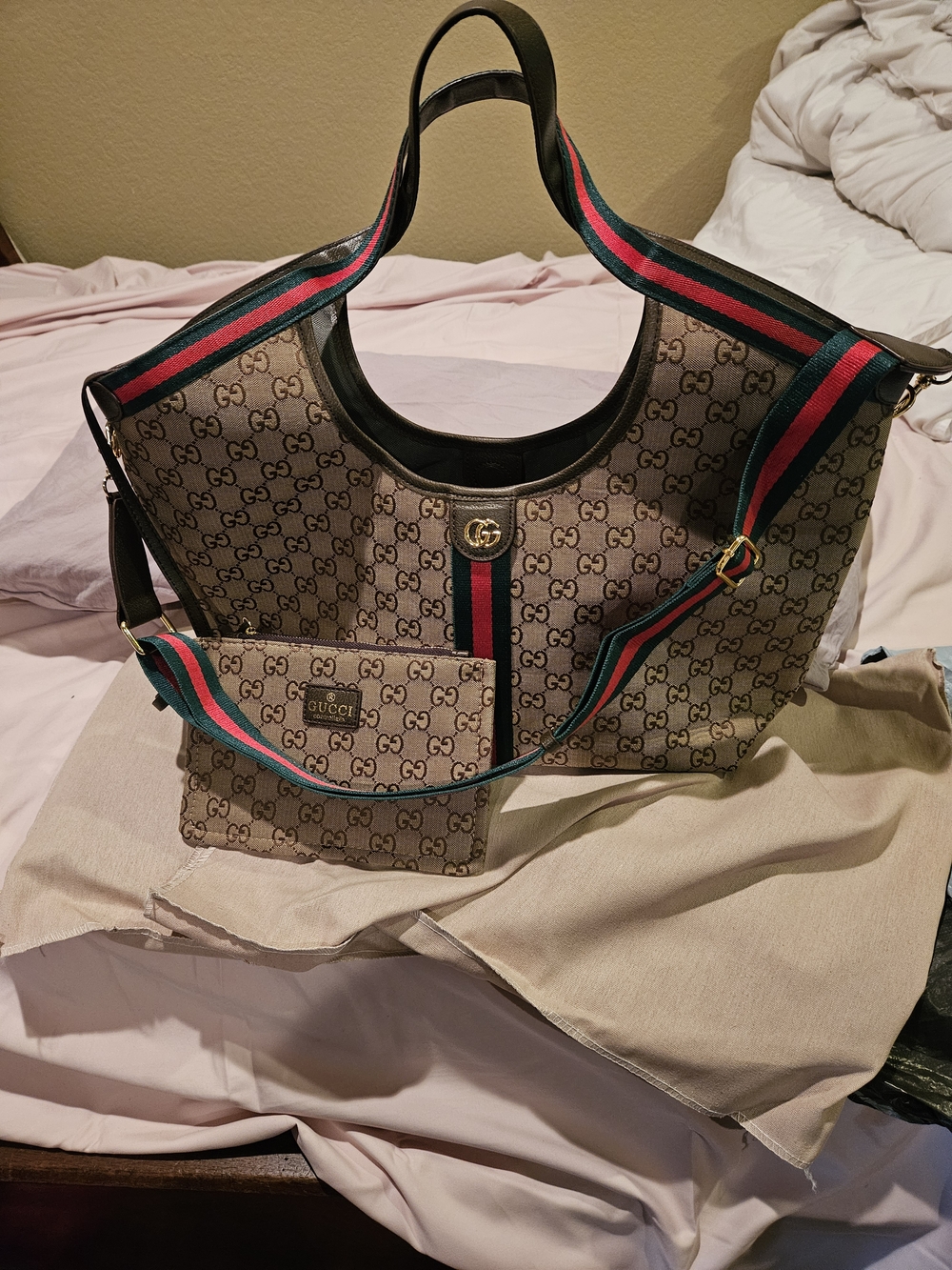 Beige Monogram Canvas Tote with Green and Red Web Strap 1 left - Picture 4 of 5